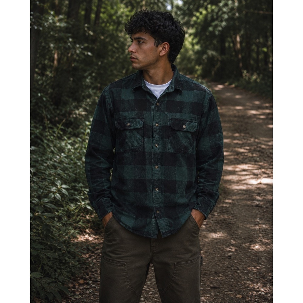 Field N Forest Shirt Mens Large Green Black Buffalo Plaid Flannel Button Down